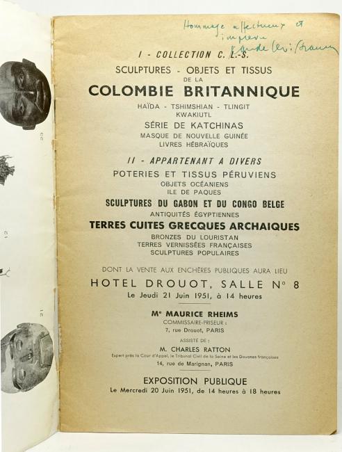 Trois catalogues de ventes aux enchres dont deux annots par Andr Breton, et un autre ddicac par Claude Lvi-Strauss  Andr Breton. Runis sous une chemise tui  rabats